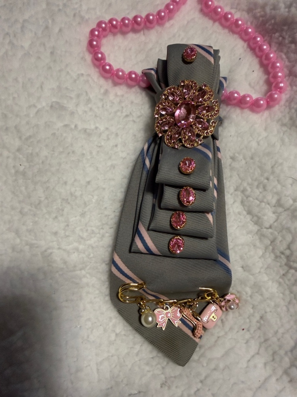 Pink Gem & Gray Ribbon Necklace Brooch Accessory - Picture 4 of 4
